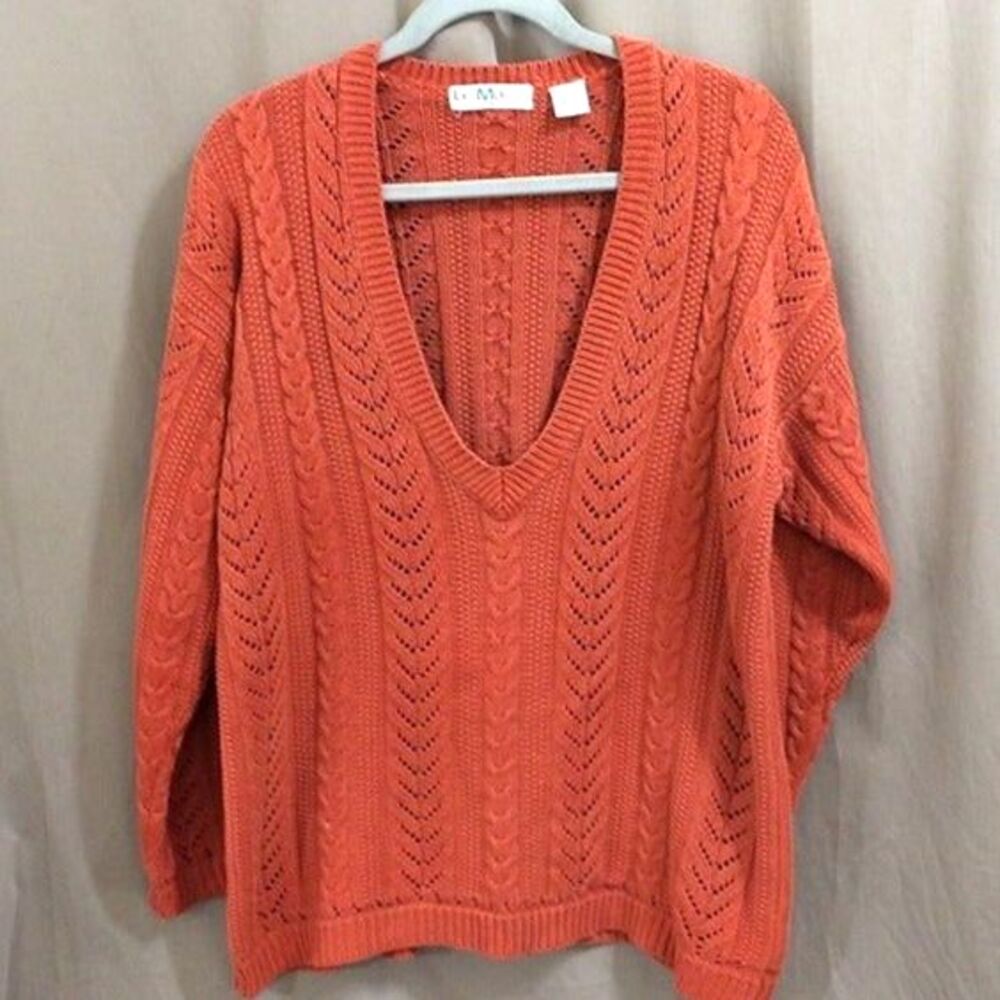 Vintage Le Moda Ramie Cotton Open Knit Deep V Sweater Rust Orange S/M Hong Kong
